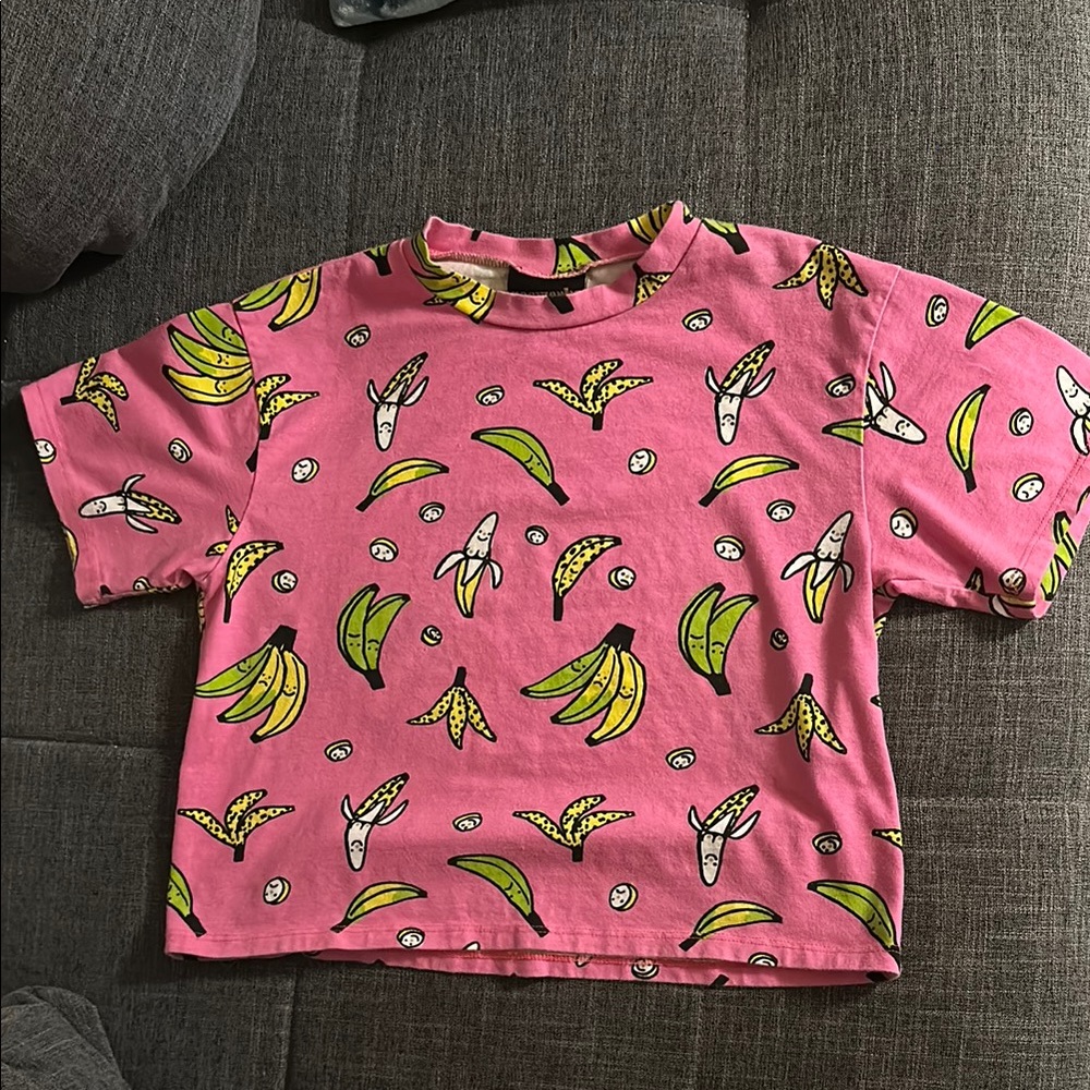 Nooworks Pink and Yellow Banana Print Short Sleeve Tee S